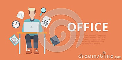 Flat vector website slider banner office workplace working Vector Illustration