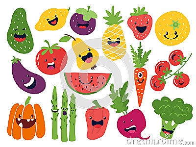 Flat vegetable characters. Funny smiley doodle fruits, hand drawn berries potato onion tomato apples. Vector cute fruits Vector Illustration