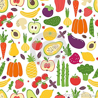 Flat vegetables seamless pattern. Hand drawn colorful fruits, organic natural vegetarian food. Vector doodle vegetables Vector Illustration