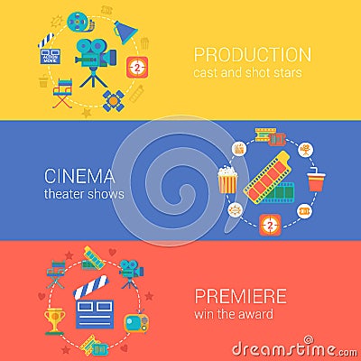 Flat video movie production cinema design icons set Vector Illustration