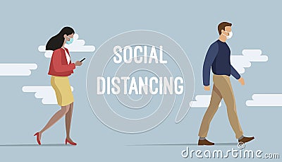 Flat walking people with protective face masks - social distancing illustration Vector Illustration