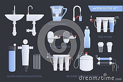 Flat Water Filter Icon Set Vector Illustration