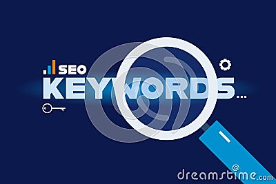 Keyword research, seo optimization, seo in text with big magnifying glass. Flat design banner. Vector Illustration