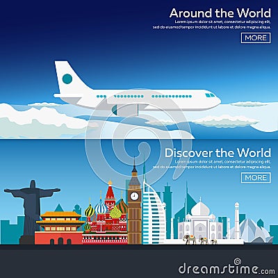 Flat web banners on the theme of travel by airplane, vacation, adventure. Flight in the stratosphere. Around the World. Editorial Stock Photo