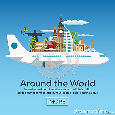 Flat web banners on the theme of travel by airplane, vacation, adventure. Flight in the stratosphere. Around the World. Editorial Stock Photo