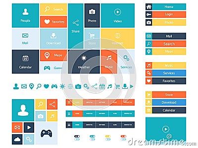 Flat Web Design elements, buttons, icons. Templates for website. Vector Illustration