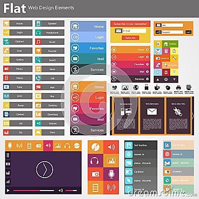 Flat Web Design, elements, buttons, icons. Templates for website. Vector Illustration