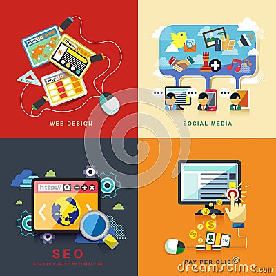 Flat web design, seo, social media, pay per click Vector Illustration