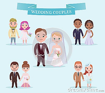 Flat Wedding Couples Romantic Set Vector Illustration