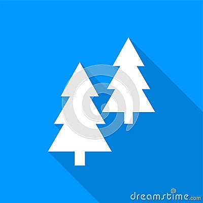 Flat white coniferous trees icon with a long shadow on a blue background. Vector Illustration