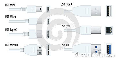 Flat white usb types port plug in cables set with realistic connectors. Connector and ports. USB type A, type B, type C Vector Illustration