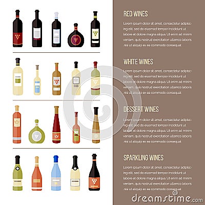 flat wine bottles. Different kinds of wine. Template for site, menu, infographics Vector Illustration