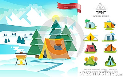 Flat Winter Camping Concept Vector Illustration