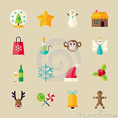 Flat Winter Christmas and Happy New Year Objects Set Vector Illustration