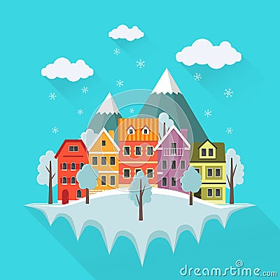 Flat winter cityscape with falling snow. Vector Illustration
