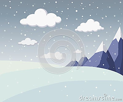 flat winter landscape with ice mountains, snowy fields, hills , fluffy clouds. Cute flat snowfall scene with mountains. Winter Cartoon Illustration