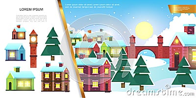Flat Winter Town Landscape Concept Vector Illustration