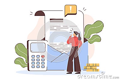 Flat woman with credit debts and overdue bills Vector Illustration