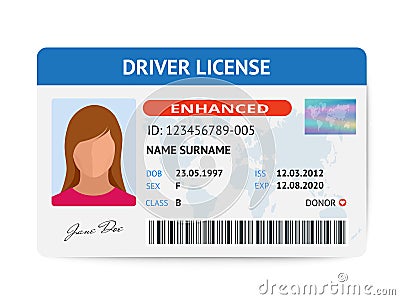 Flat woman driver license plastic card template, id card vector illustration Vector Illustration