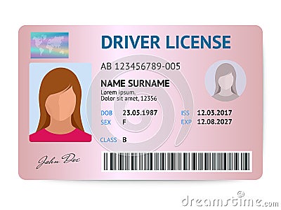 Flat woman driver license plastic card template, id card vector illustration Vector Illustration