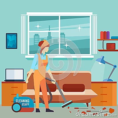 Flat woman vacuum cleaner in room - cleaning woman vector character Vector Illustration