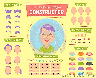 Flat women avatar constructor for generating characters Vector Illustration