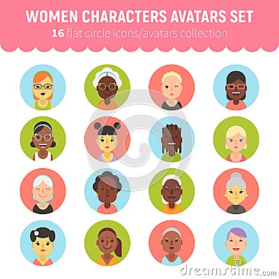 Flat women and girls character avatars collection Vector Illustration