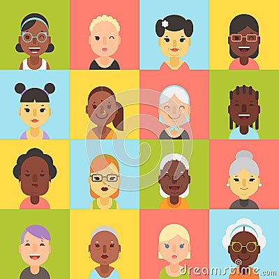 Flat women and girls character avatars collection Vector Illustration