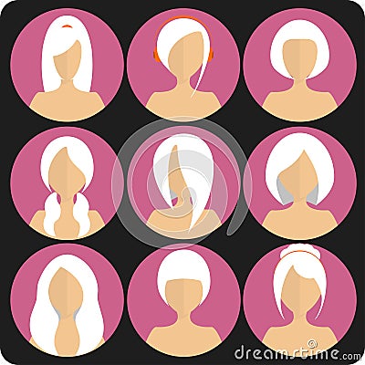 Flat women's glamor hairstyles pink icon set Vector Illustration