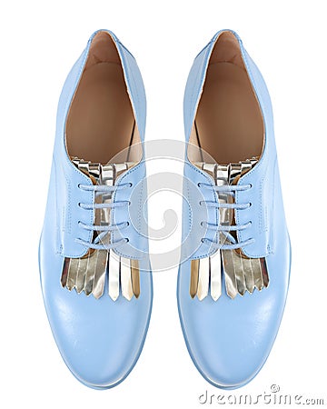 Flat women`s shoes pair,blue leayjer lady footwear isolated. Stock Photo
