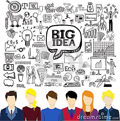 Flat working people avatars with business doodles.Brainstorming,big idea,creativity,teamwork concept Vector Illustration