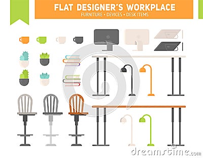 Flat workplace furniture set Vector Illustration