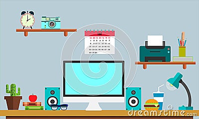 Flat workplace Web banner. Flat design illustration workspace, concepts for business, management, strategy, digital Vector Illustration