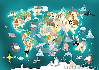 Flat World animals cartoonish kids map Stock Photo