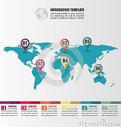 Flat World Map infographic Template With Number Pointer Marks Vector Illustration