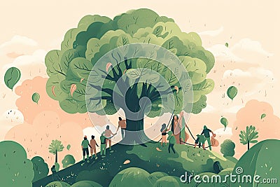 flat world people tree planting environment day illustration safe earth AI generated Cartoon Illustration