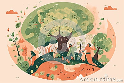 flat world people tree planting environment day illustration safe earth AI generated Cartoon Illustration