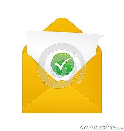 Flat yes mark encelope for paper design. Vector flat illustration. Email envelope icon vector illustration. Successful Vector Illustration