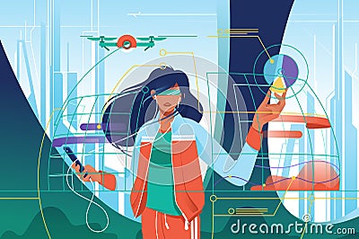 Flat young attractive woman in high tech world. Vector Illustration