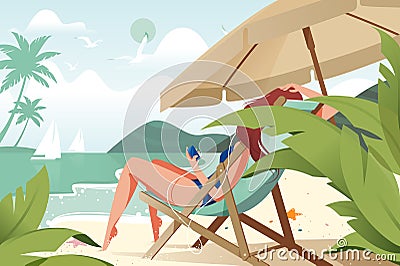 Flat young beauty girl relaxing with music on beach. Vector Illustration