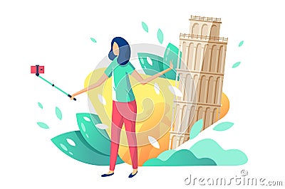 Flat young beauty girl tourist with selfie stick, cellphone on background with tower of pisa. Vector Illustration