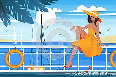 Flat young beauty girl on wharf near sea, sailboat. Cartoon Illustration