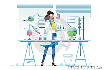 Flat young beauty woman chemist with flasks with liquid. Cartoon Illustration