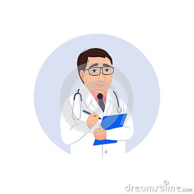 Flat male Caucasian doctor portrait with clipboard Vector Illustration