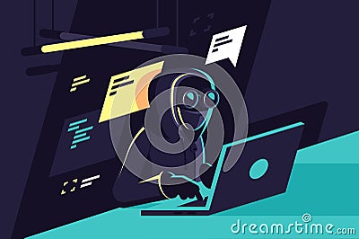 Flat young hacker programmer with laptop hacks programms and site. Vector Illustration