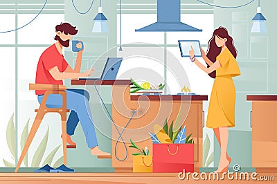 Flat young man with beard and beauty woman couple with gadgets in life. Vector Illustration