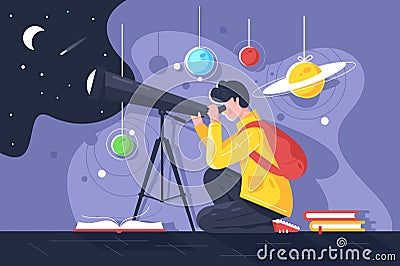 Flat young man with book and telescope studying solar system with planet. Vector Illustration