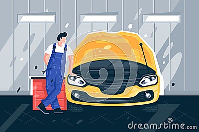Flat young man mechanic near yellow machine in car service. Vector Illustration