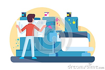 Flat young man near modern machine at work print industry. Vector Illustration