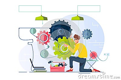 Flat young man repair and fine-tune gears with laptop. Cartoon Illustration